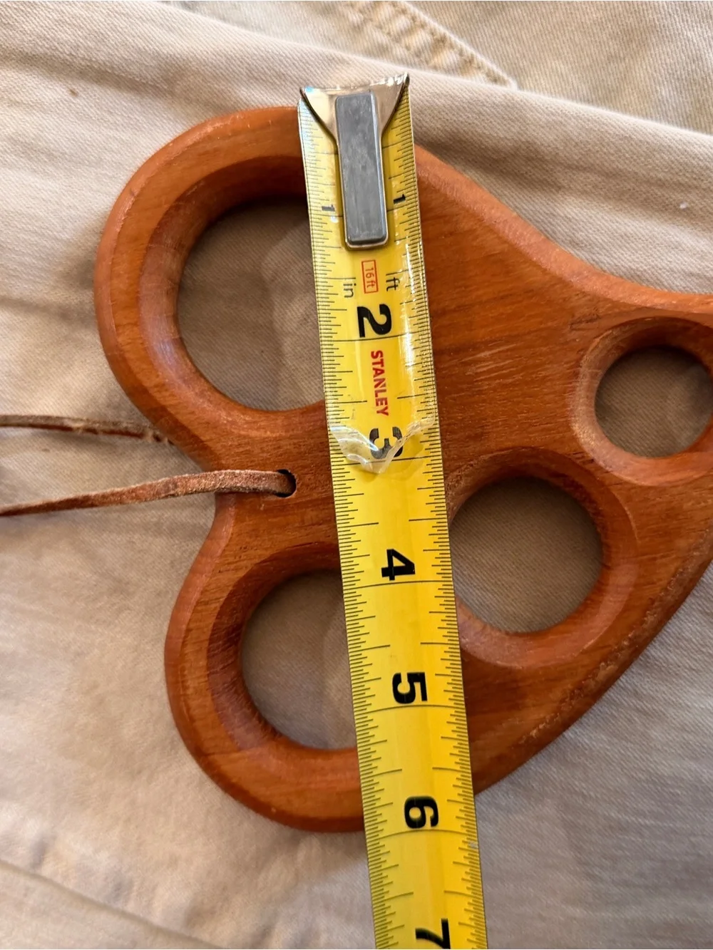 Vintage Wooden Heart Spaghetti Measurer 5 Holes Leather Loop
